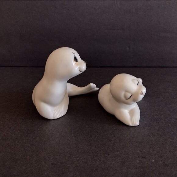 Vintage Oxford Mexico Pair Of Ceramic Mother & Pup White Seal Figurines Big Eyes - Picture 2 of 8